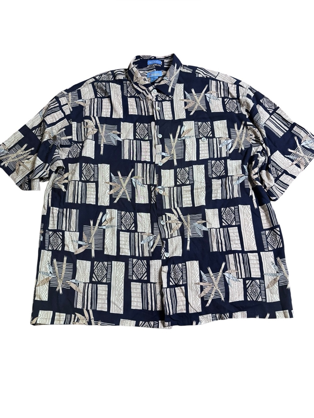 Kaylua Bay Resortwear Rayon Hawaiian Camp Shirt XXL Navy Geometric Tribal Print